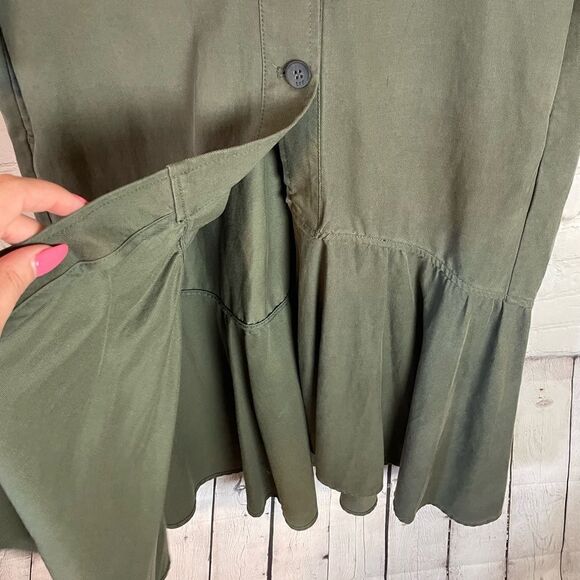 ZARA Trafaluc TRF Olive Khaki Oversized Shirt Dress w/ Frill Ruffle M - Picture 7 of 13